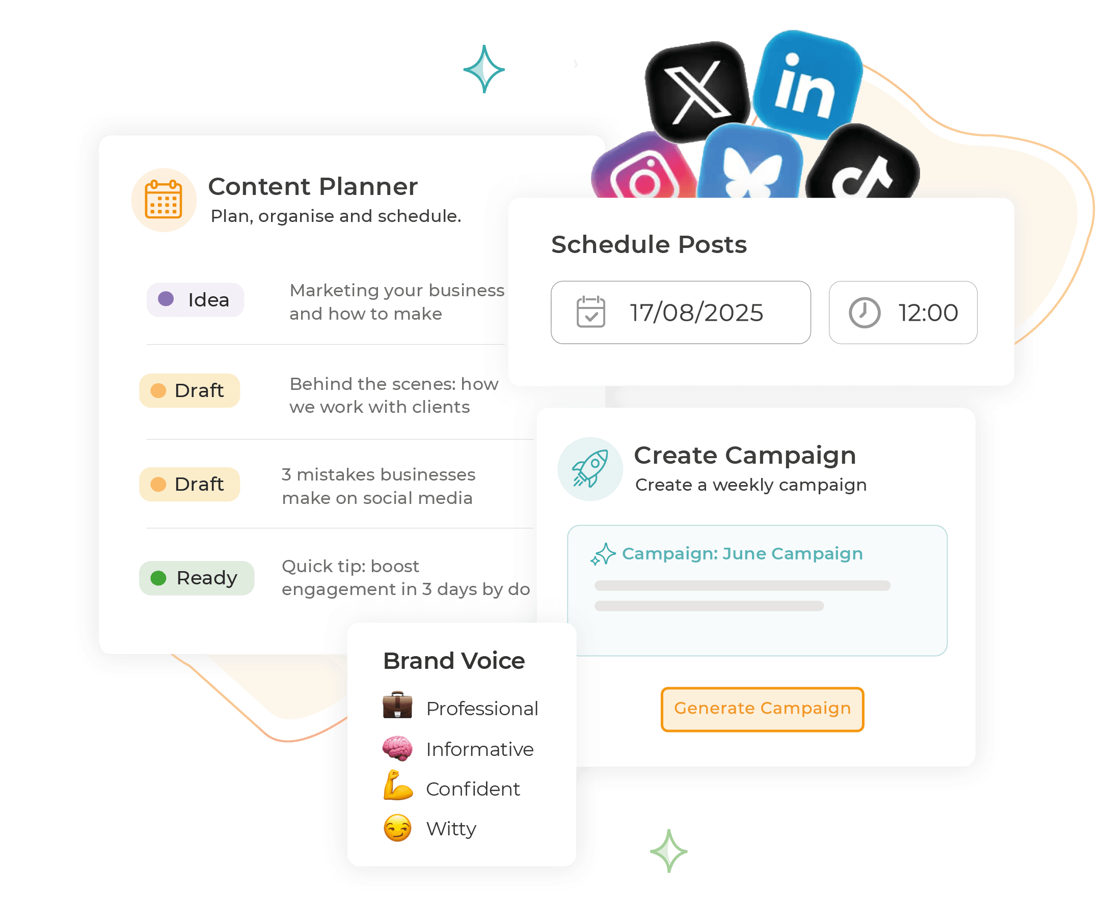 Illustration of Reveela's Social Media Suite showing content planning, campaign creation, scheduling and brand voice management across multiple social media platforms.
